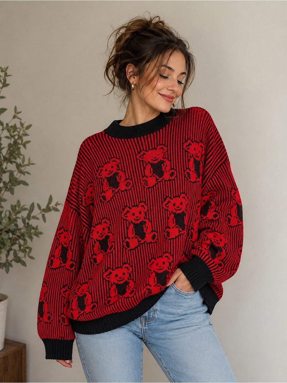 Vintage Adele Knitwear Teddy Bear Sweater Red Black USA Made Plus Size 22W